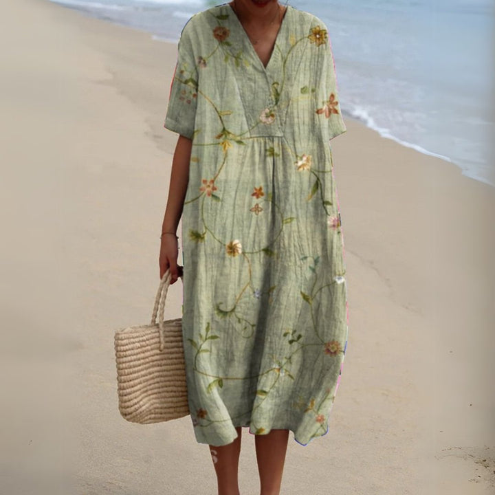 Women's Floral Short Sleeve Midi Dress | Relaxed V-Neck Summer Fit Back