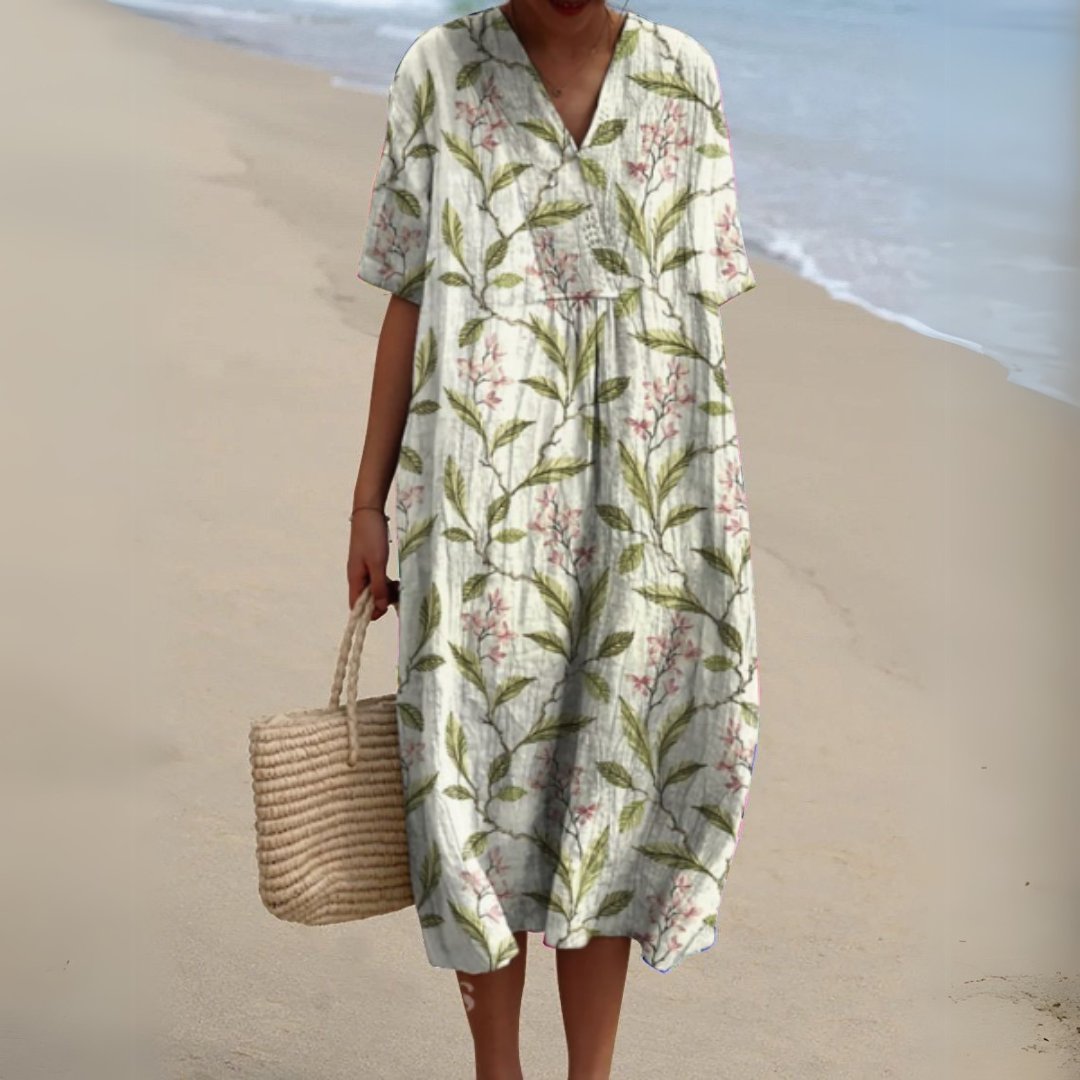 Women's Floral Short Sleeve Midi Dress | Relaxed V-Neck Summer Fit Close Up