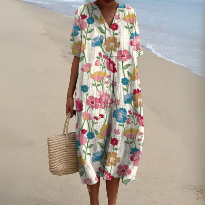 Women's Floral Short Sleeve Midi Dress | Relaxed V-Neck Summer Fit Detail