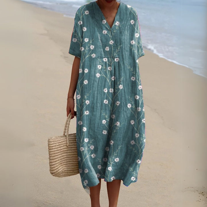 Women's Floral Short Sleeve Midi Dress | Relaxed V-Neck Summer Fit Front
