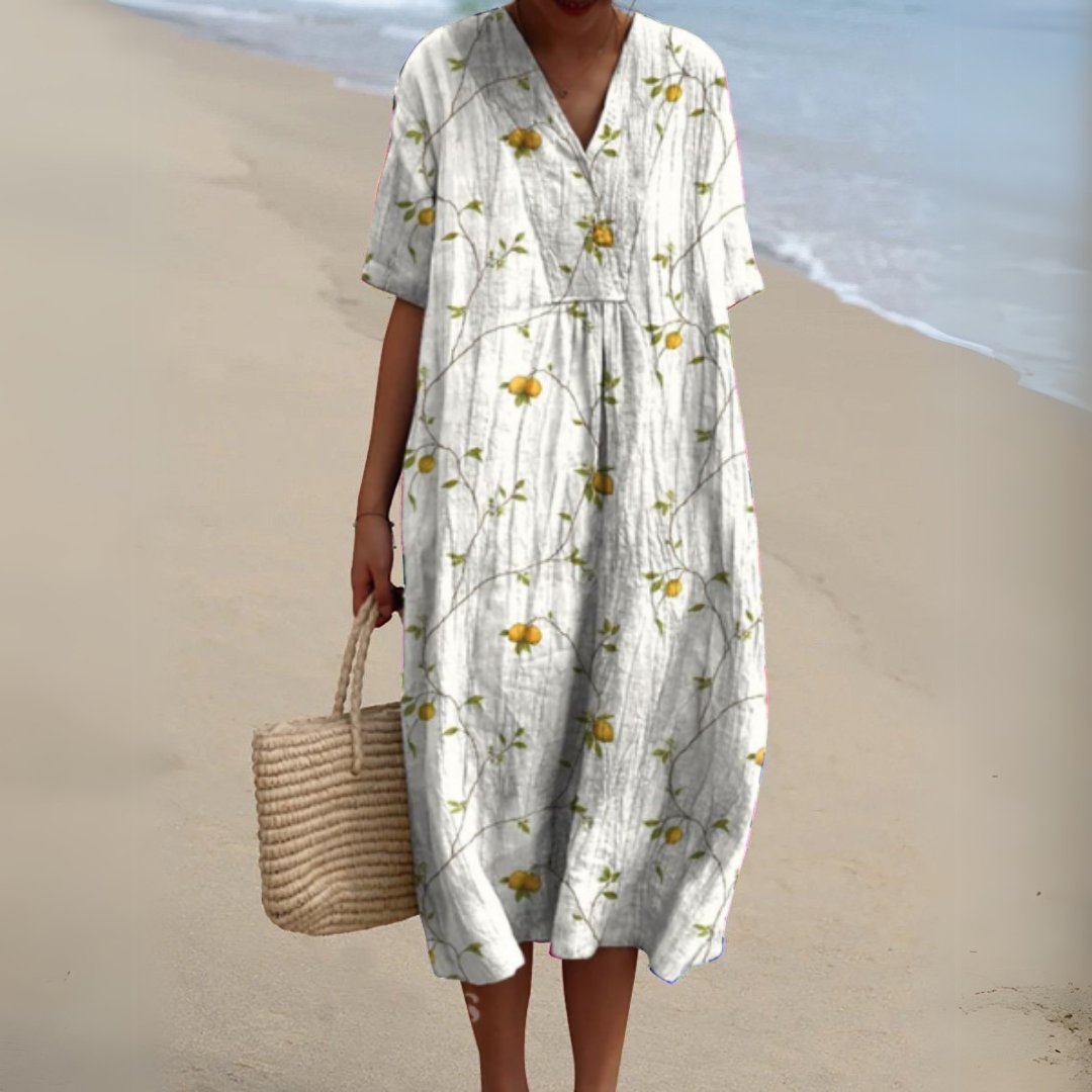 Women's Floral Short Sleeve Midi Dress | Relaxed V-Neck Summer Fit Full