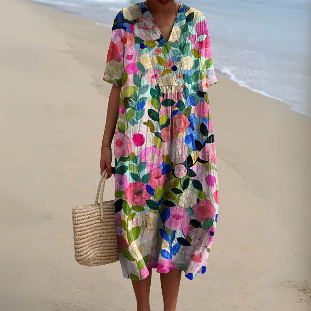 Women's Floral Short Sleeve Midi Dress | Relaxed V-Neck Summer Fit Hero