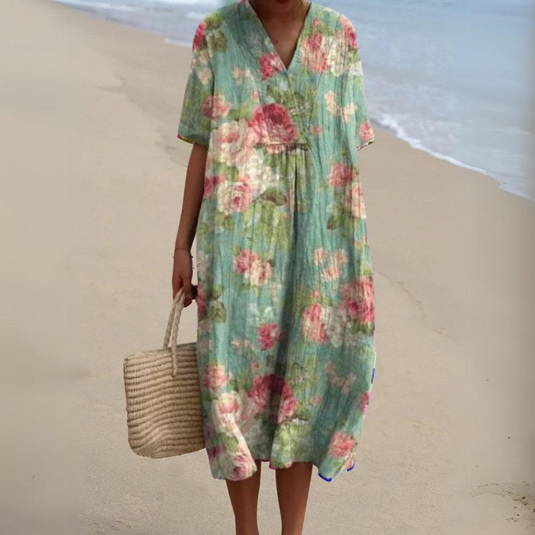 Women's Floral Short Sleeve Midi Dress | Relaxed V-Neck Summer Fit Lifestyle