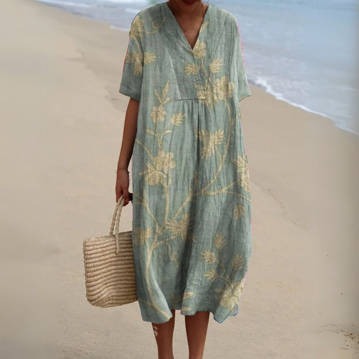 Women's Floral Short Sleeve Midi Dress | Relaxed V-Neck Summer Fit Side