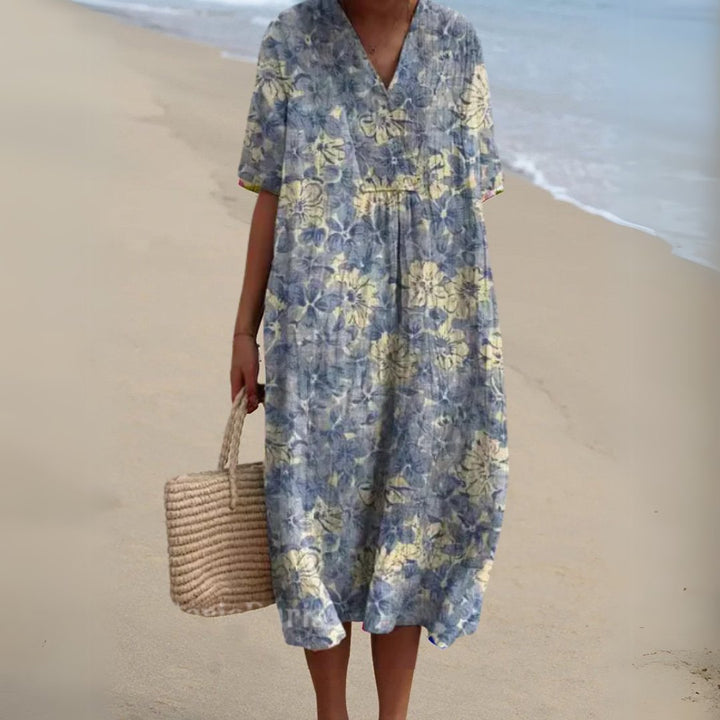 Women's Floral Short Sleeve Midi Dress | Relaxed V-Neck Summer Fit View 11