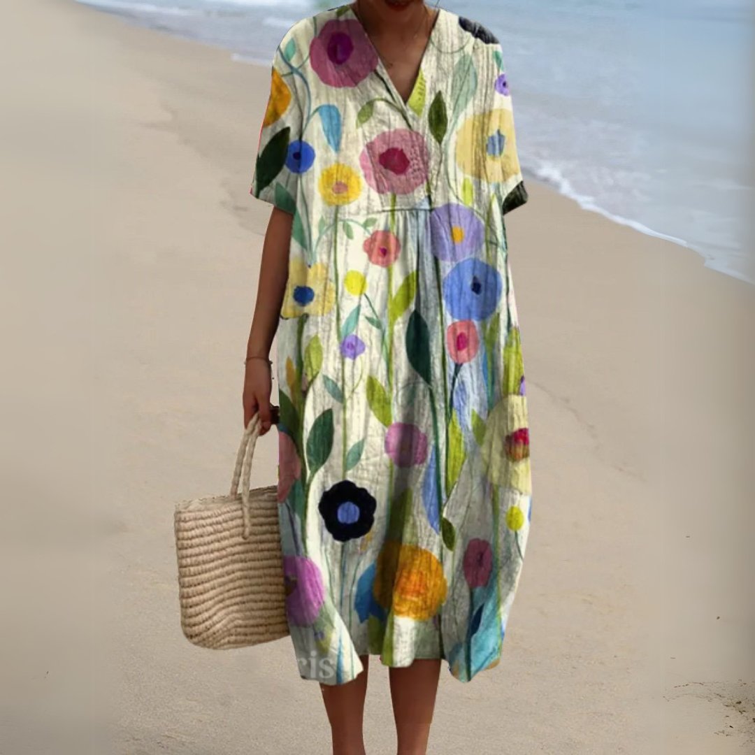 Women's Floral Short Sleeve Midi Dress | Relaxed V-Neck Summer Fit View 12