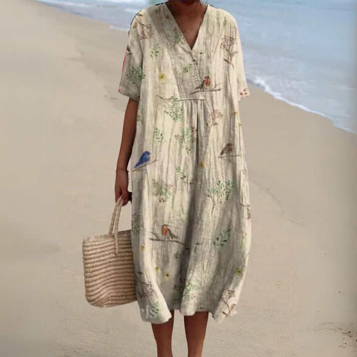 Women's Floral Short Sleeve Midi Dress | Relaxed V-Neck Summer Fit View 13