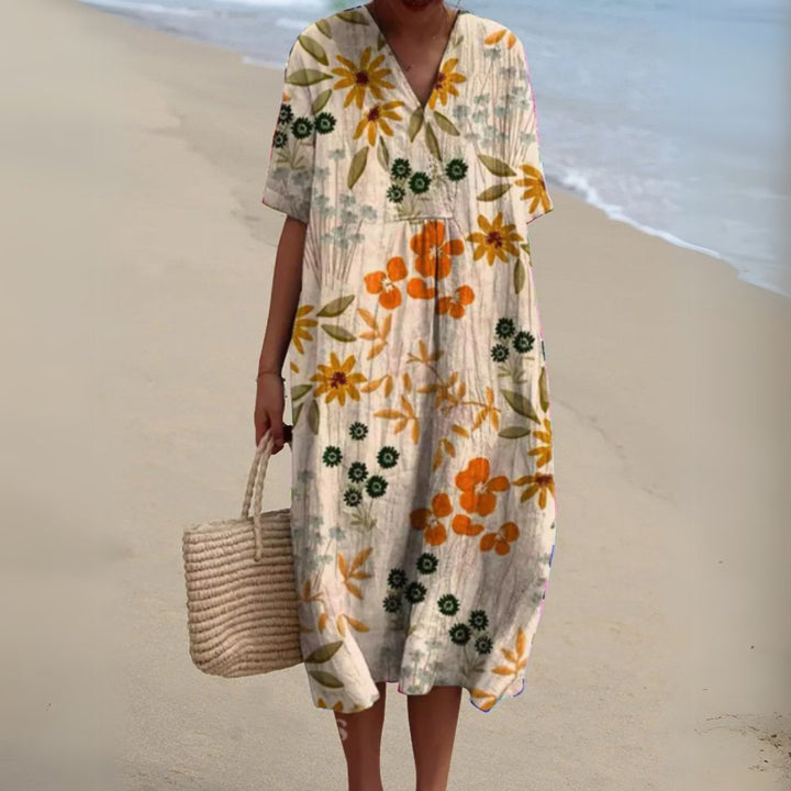 Women's Floral Short Sleeve Midi Dress | Relaxed V-Neck Summer Fit View 14