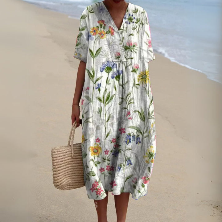 Women's Floral Short Sleeve Midi Dress | Relaxed V-Neck Summer Fit View 15