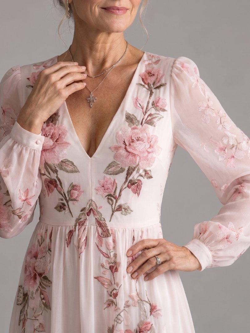 Women's Flowy V-Neck Midi Dress | Long Sleeve Relaxed Fit Detail