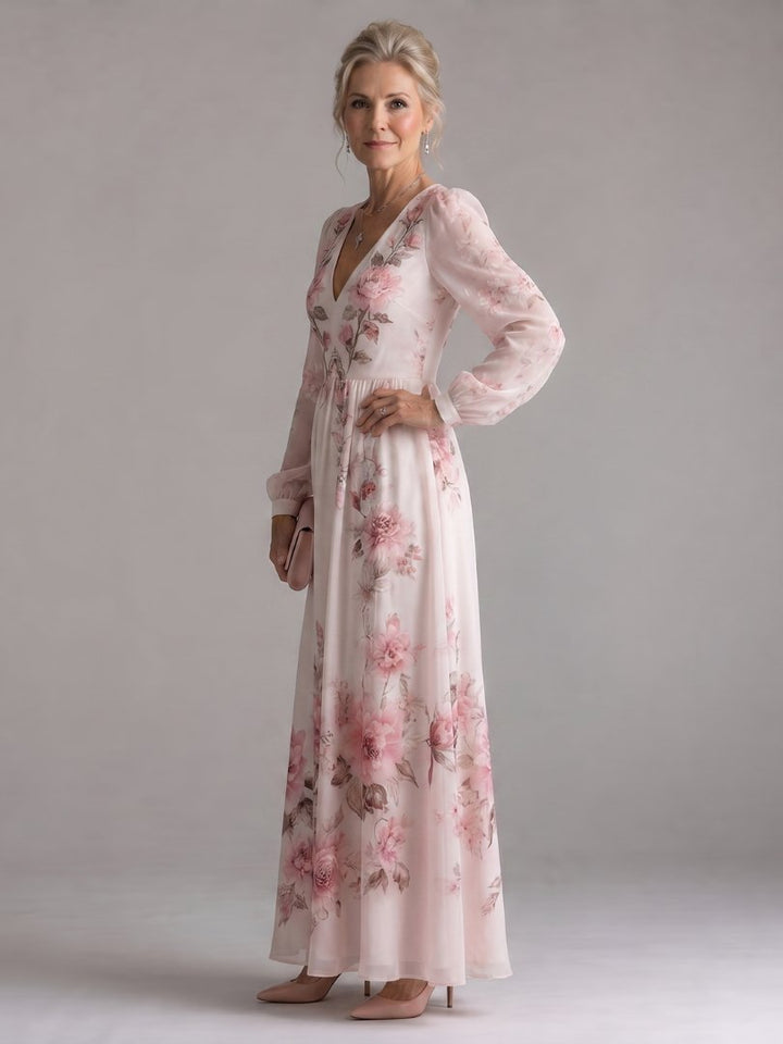 Women's Flowy V-Neck Midi Dress | Long Sleeve Relaxed Fit Front