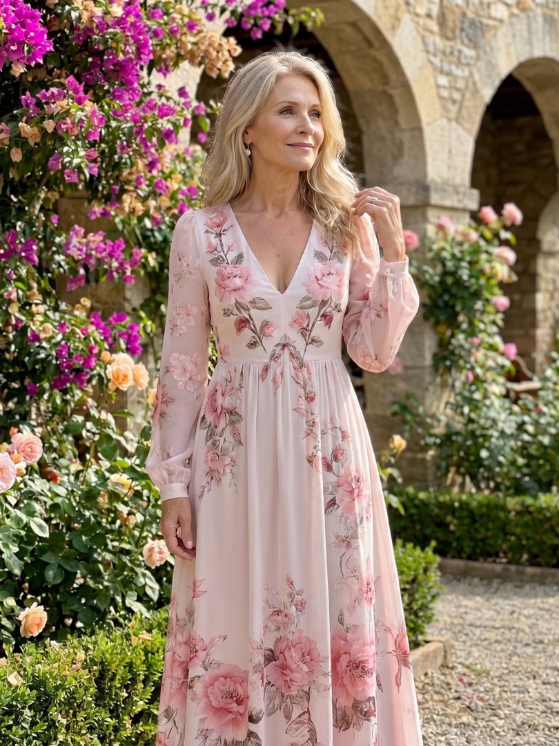 Women's Flowy V-Neck Midi Dress | Long Sleeve Relaxed Fit Lifestyle