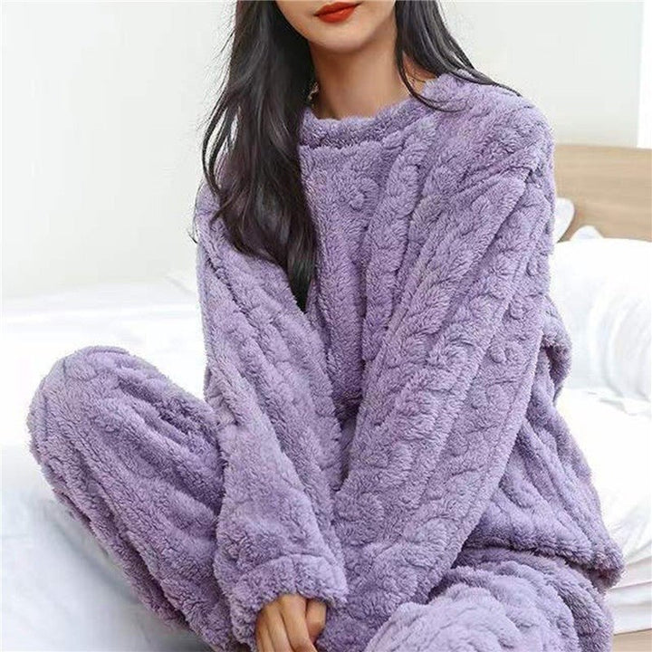 Women's Fluffy Pajama Two Piece Set | Cable Knit Lounge Fit Close Up