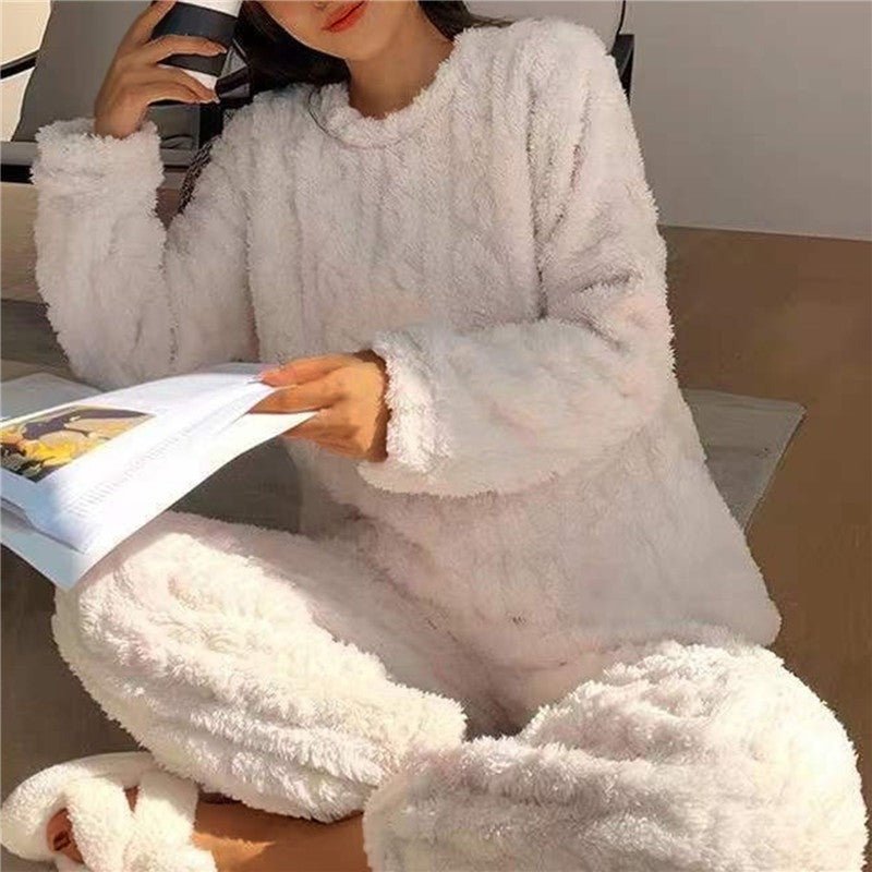 Women's Fluffy Pajama Two Piece Set | Cable Knit Lounge Fit Detail