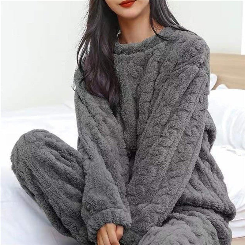 Women's Fluffy Pajama Two Piece Set | Cable Knit Lounge Fit Front