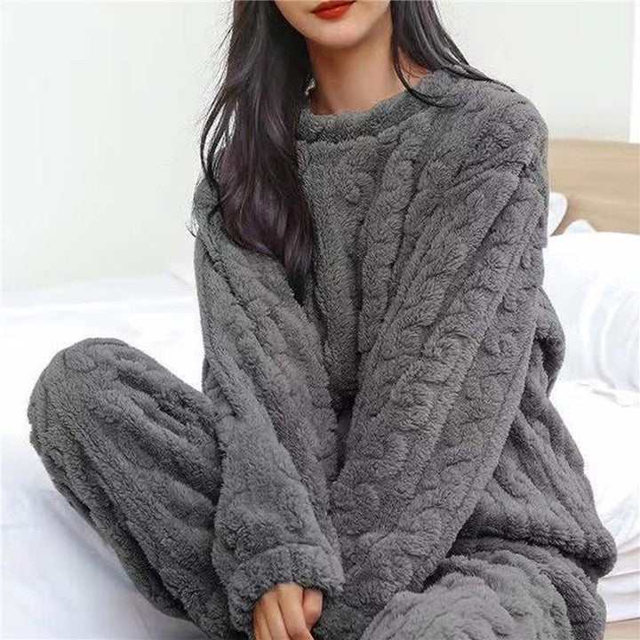 Women's Fluffy Pajama Two Piece Set | Cable Knit Lounge Fit Front