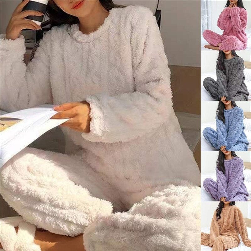 Women's Fluffy Pajama Two Piece Set | Cable Knit Lounge Fit Lifestyle