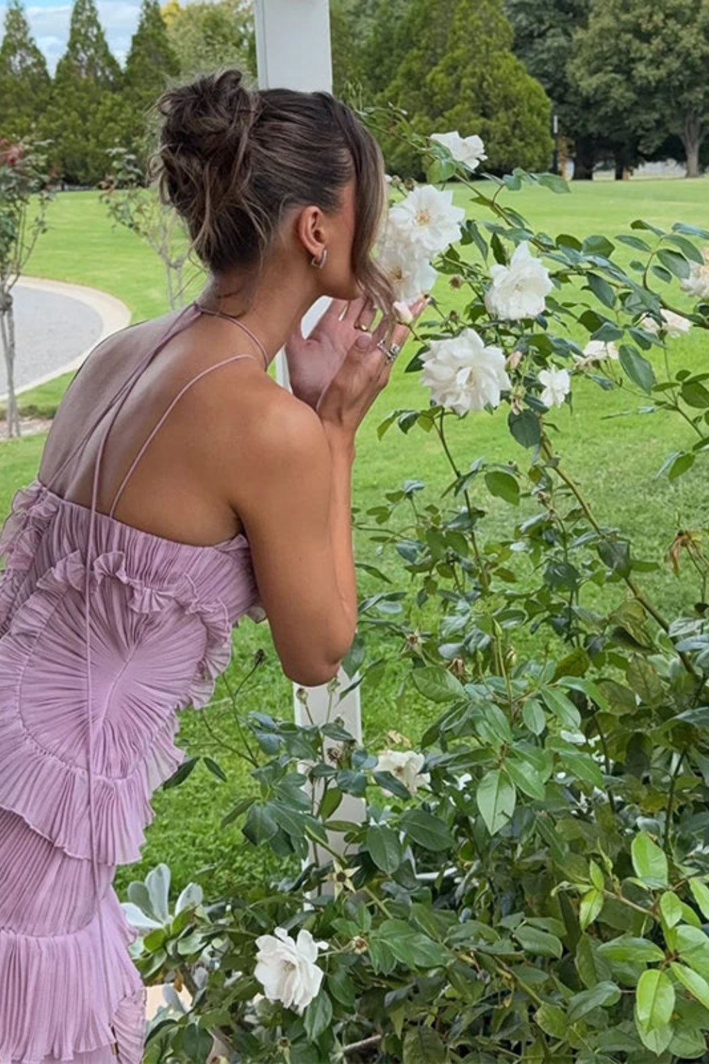 Women's Halter Backless Maxi Wedding Guest Dress | Cascading Ruffle Detail Alternate