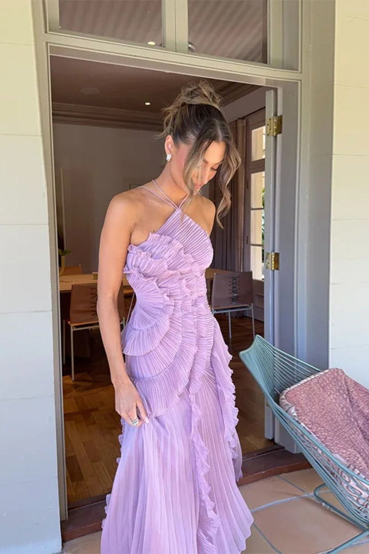 Women's Halter Backless Maxi Wedding Guest Dress | Cascading Ruffle Detail Angle