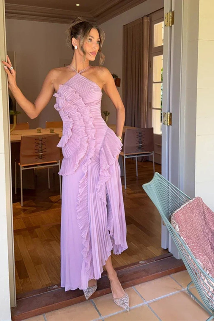 Women's Halter Backless Maxi Wedding Guest Dress | Cascading Ruffle Detail Back