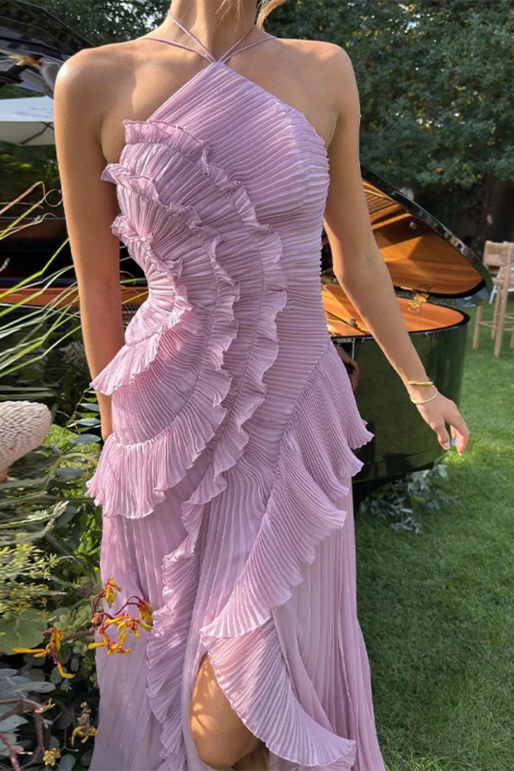 Women's Halter Backless Maxi Wedding Guest Dress | Cascading Ruffle Detail Close Up