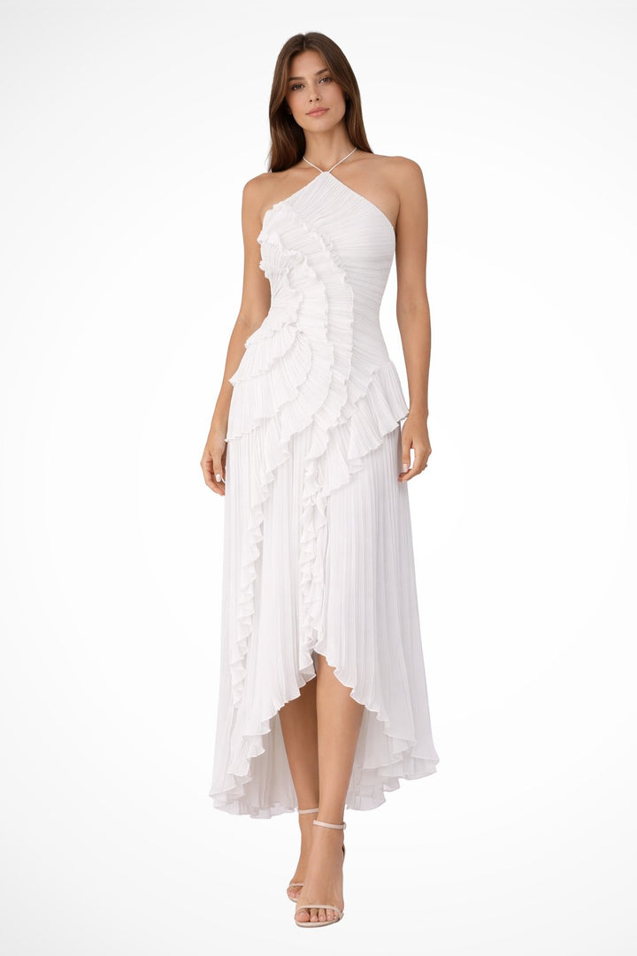 Women's Halter Backless Maxi Wedding Guest Dress | Cascading Ruffle Detail Detail