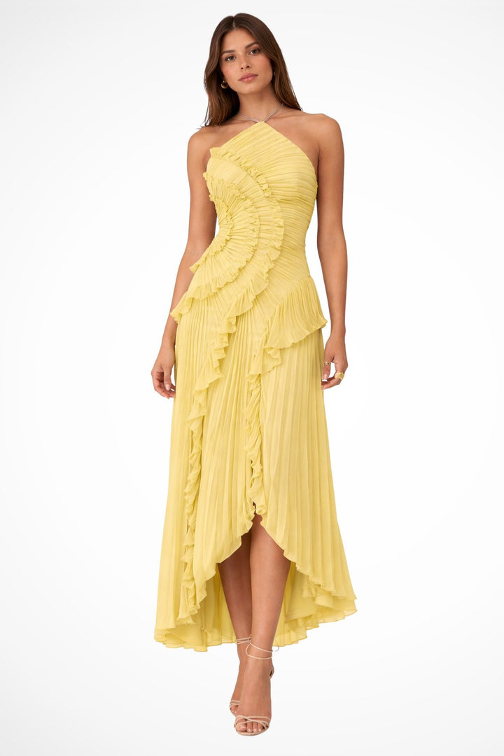 Women's Halter Backless Maxi Wedding Guest Dress | Cascading Ruffle Detail Front