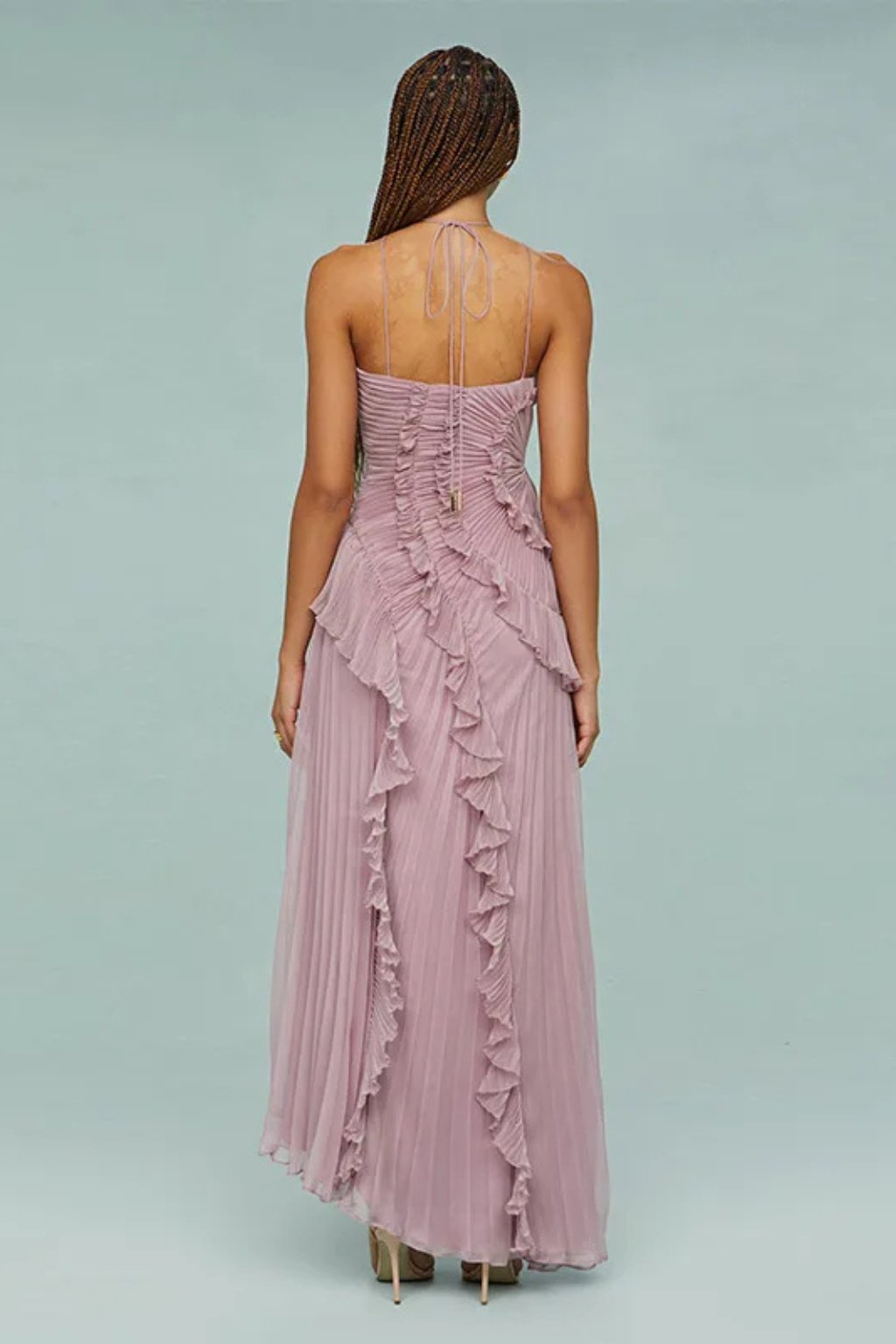Women's Halter Backless Maxi Wedding Guest Dress | Cascading Ruffle Detail Full