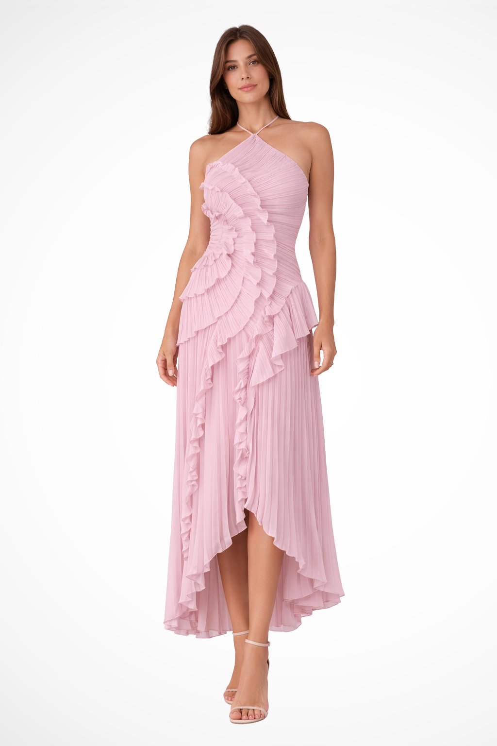 Women's Halter Backless Maxi Wedding Guest Dress | Cascading Ruffle Detail Hero