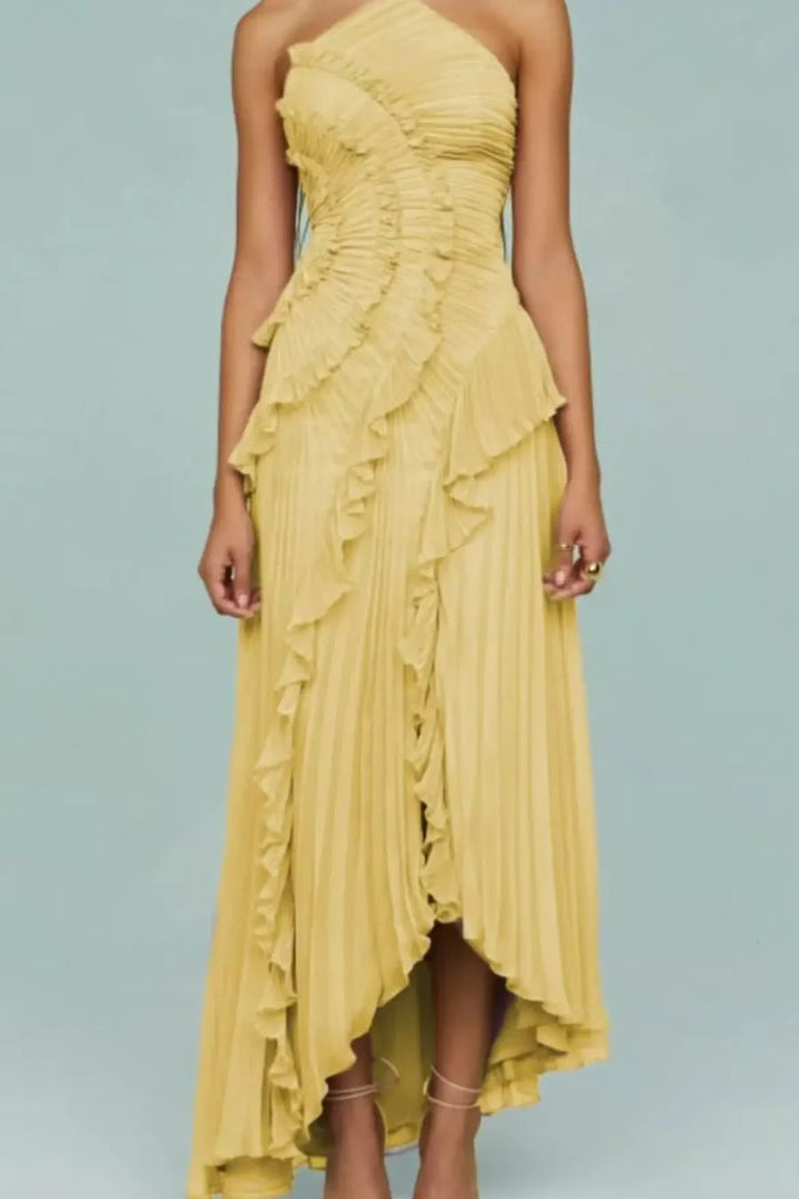Women's Halter Backless Maxi Wedding Guest Dress | Cascading Ruffle Detail Lifestyle