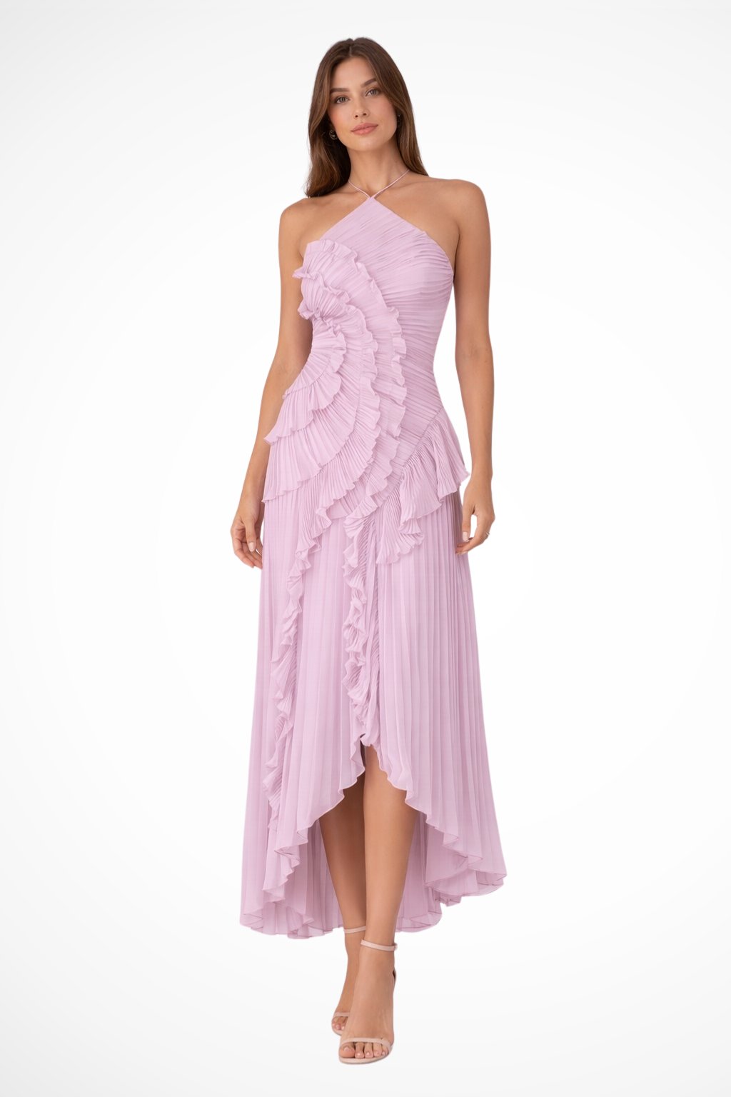 Women's Halter Backless Maxi Wedding Guest Dress | Cascading Ruffle Detail Side