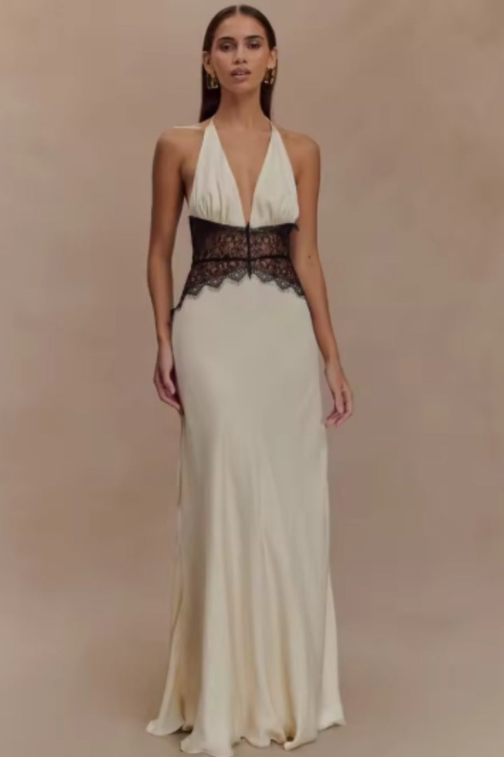 Women's Halter Neck Backless Maxi Wedding Guest Dress | Sheer Waist Detail Angle