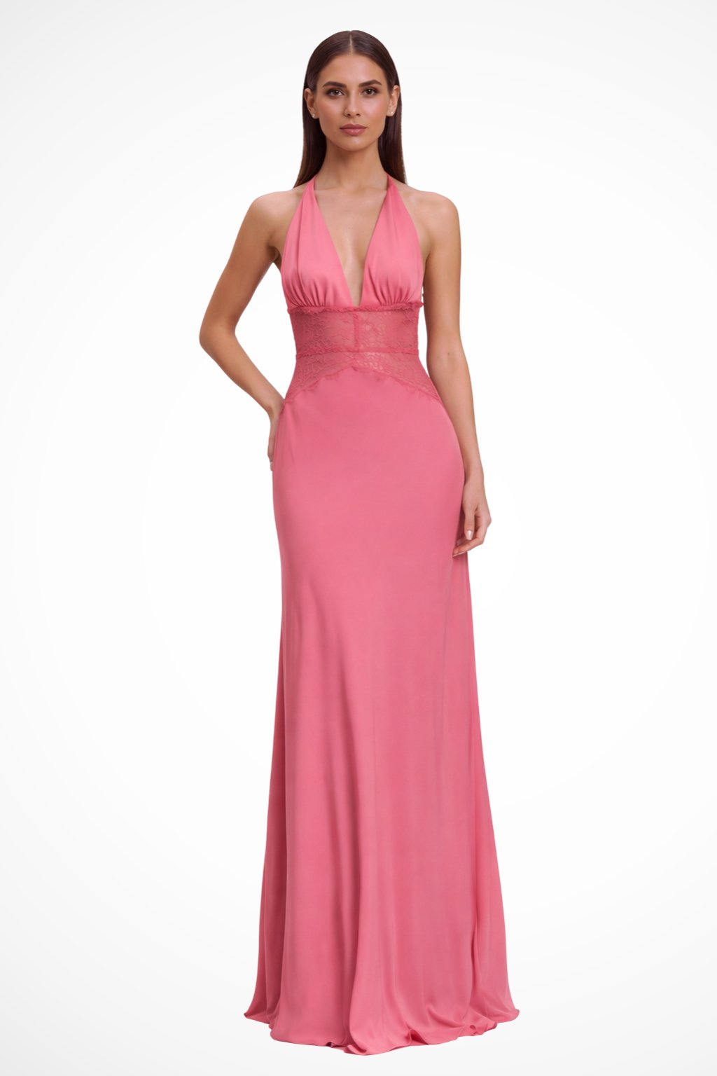 Women's Halter Neck Backless Maxi Wedding Guest Dress | Sheer Waist Detail Back