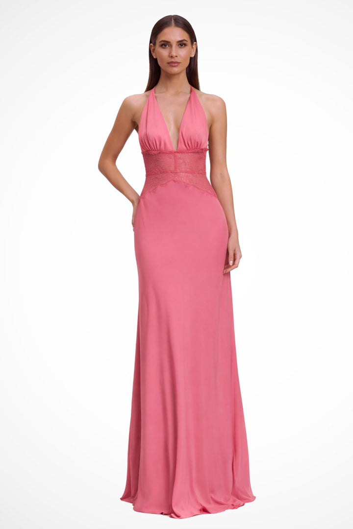 Women's Halter Neck Backless Maxi Wedding Guest Dress | Sheer Waist Detail Back