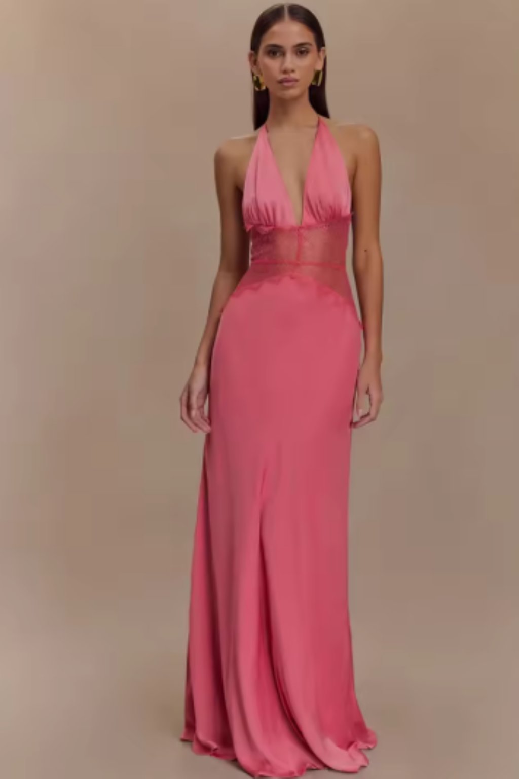 Women's Halter Neck Backless Maxi Wedding Guest Dress | Sheer Waist Detail Close Up