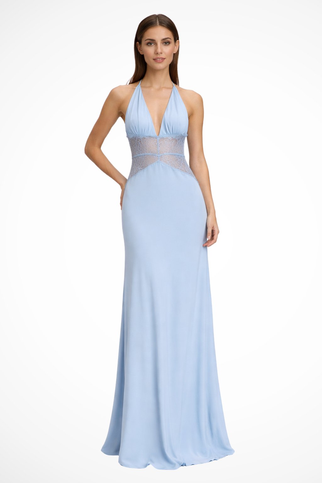 Women's Halter Neck Backless Maxi Wedding Guest Dress | Sheer Waist Detail Detail