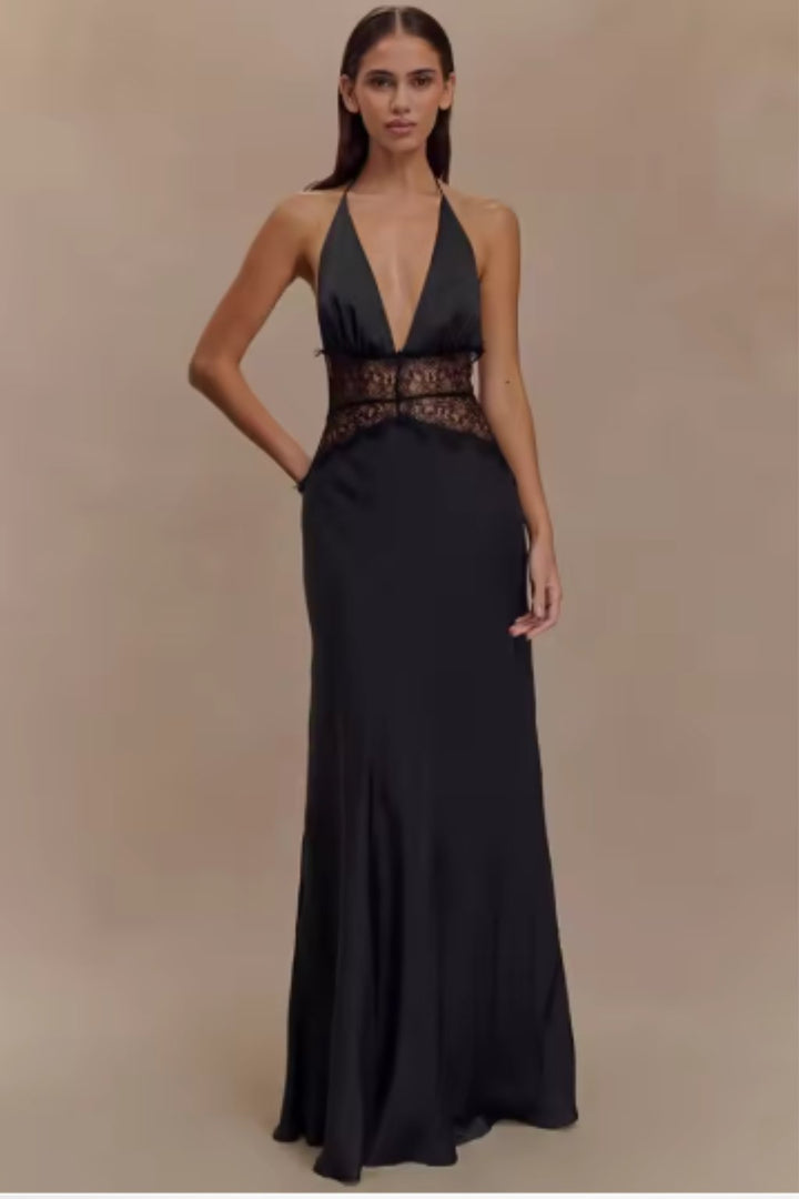 Women's Halter Neck Backless Maxi Wedding Guest Dress | Sheer Waist Detail Front