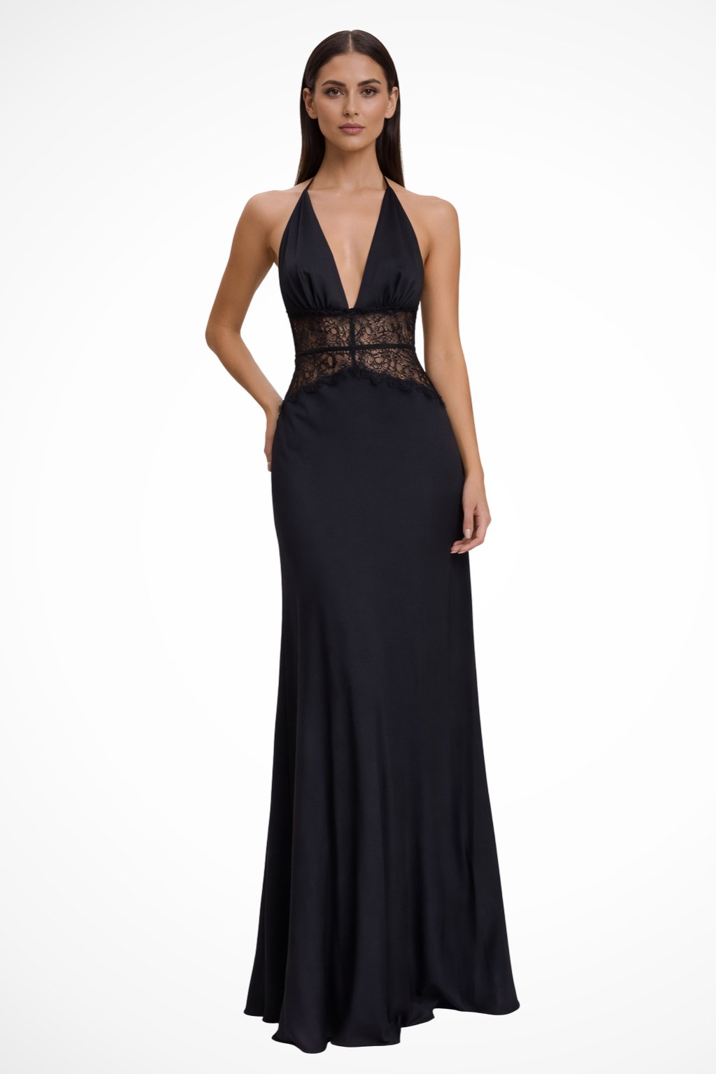 Women's Halter Neck Backless Maxi Wedding Guest Dress | Sheer Waist Detail Hero