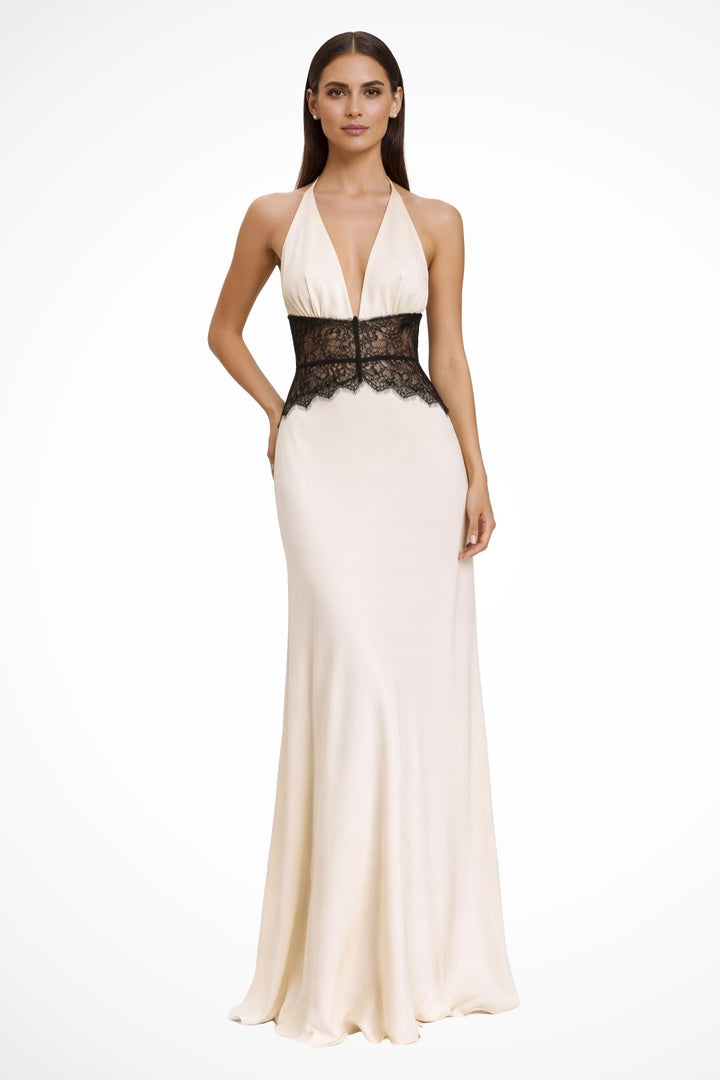 Women's Halter Neck Backless Maxi Wedding Guest Dress | Sheer Waist Detail Lifestyle