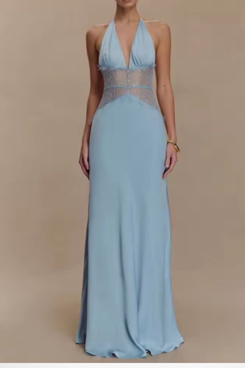 Women's Halter Neck Backless Maxi Wedding Guest Dress | Sheer Waist Detail Side
