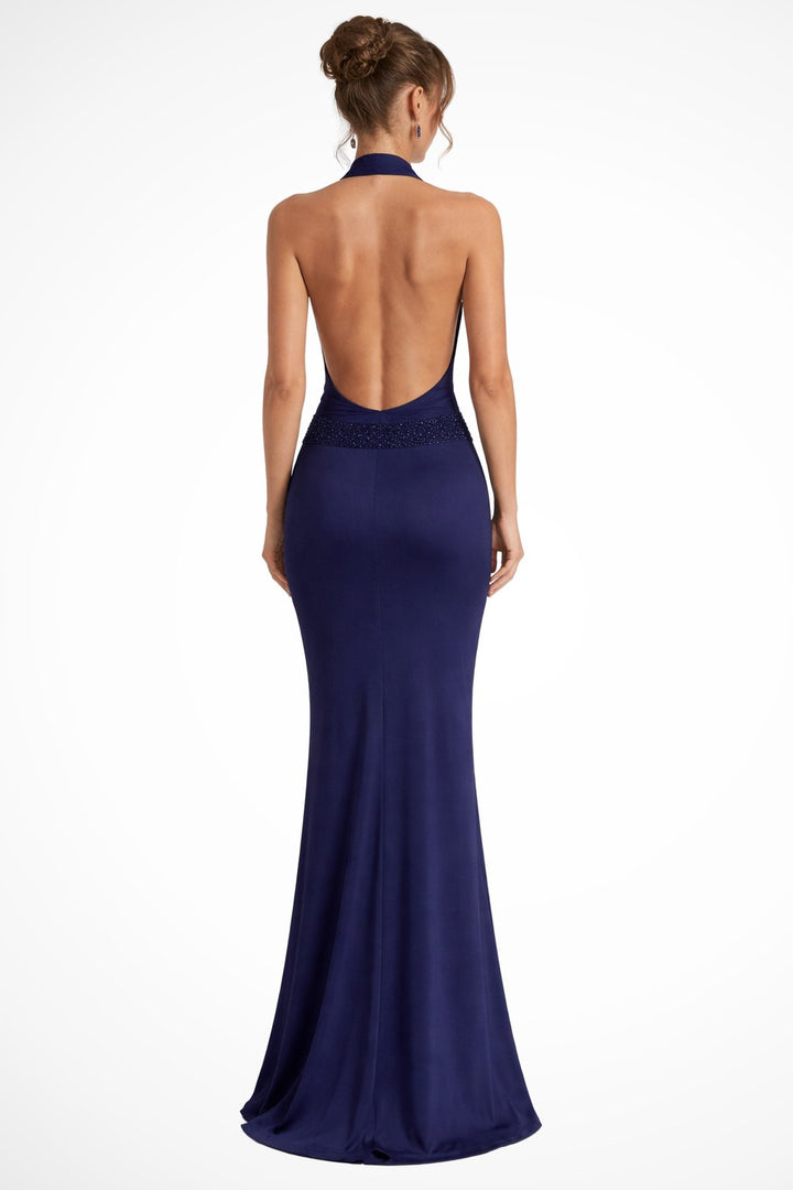Women's Halter Neck Draped Satin Wedding Guest Maxi Dress | Open Back Detail Alternate