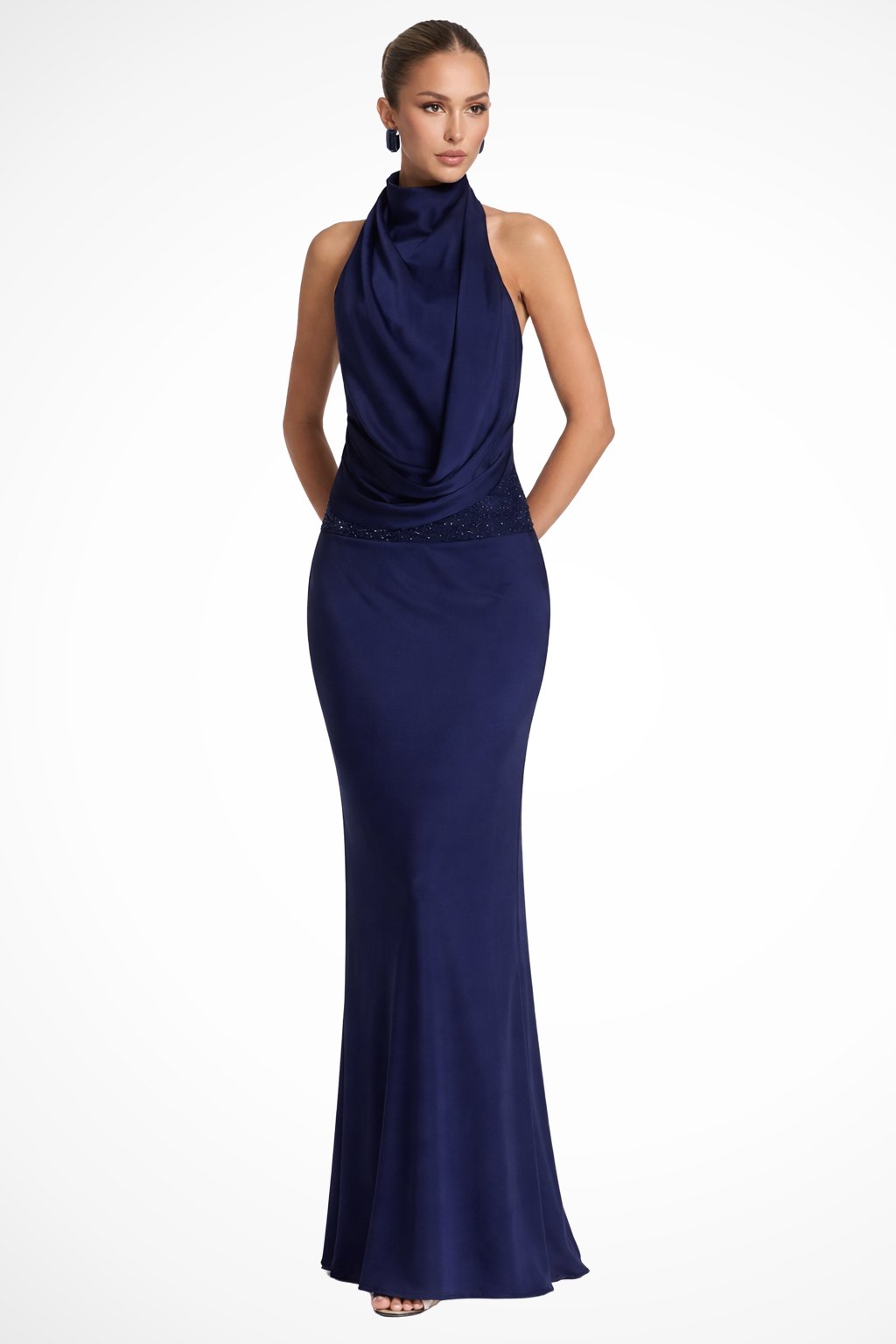 Women's Halter Neck Draped Satin Wedding Guest Maxi Dress | Open Back Detail Angle
