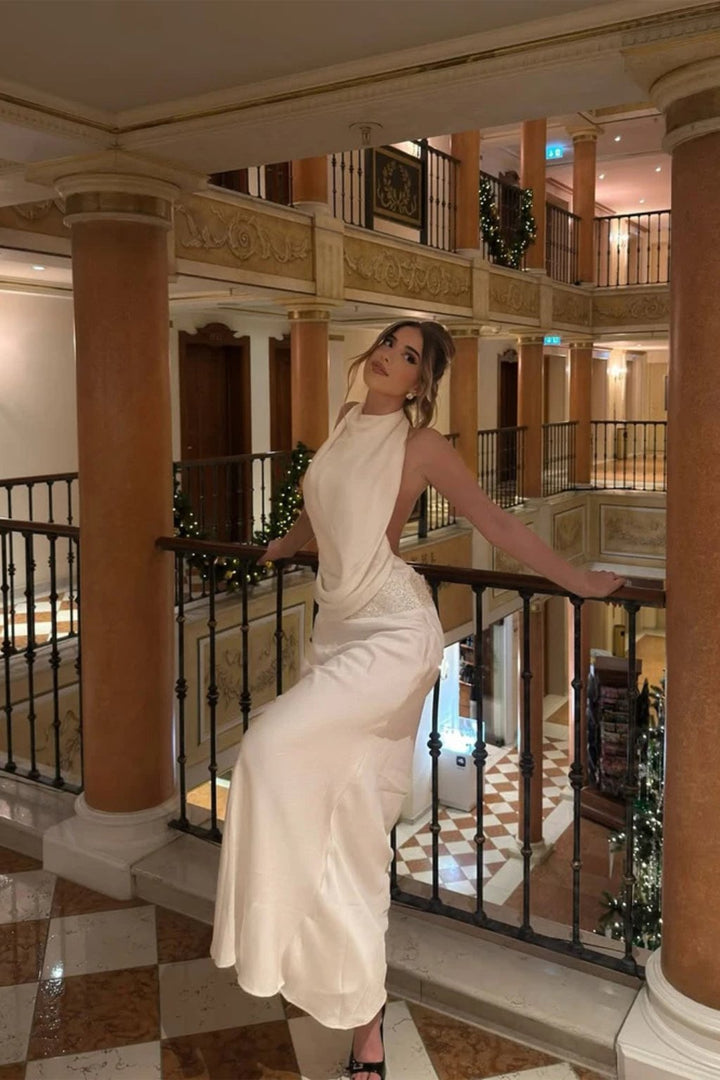 Women's Halter Neck Draped Satin Wedding Guest Maxi Dress | Open Back Detail Close Up