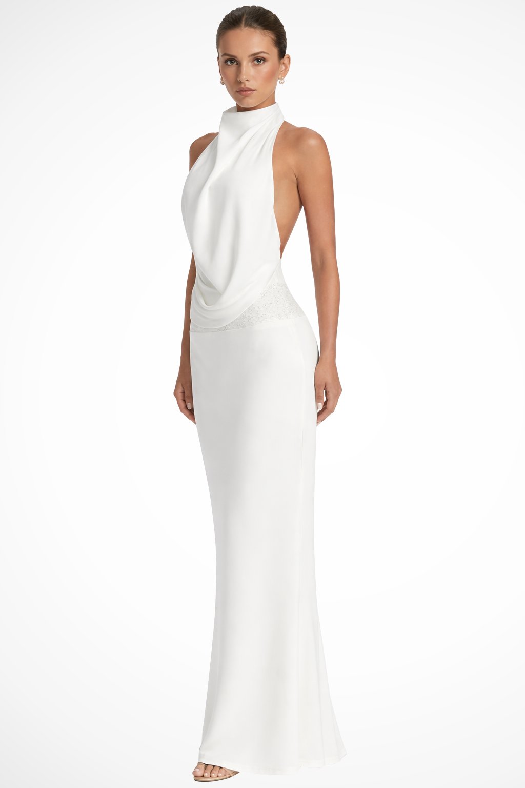 Women's Halter Neck Draped Satin Wedding Guest Maxi Dress | Open Back Detail Detail