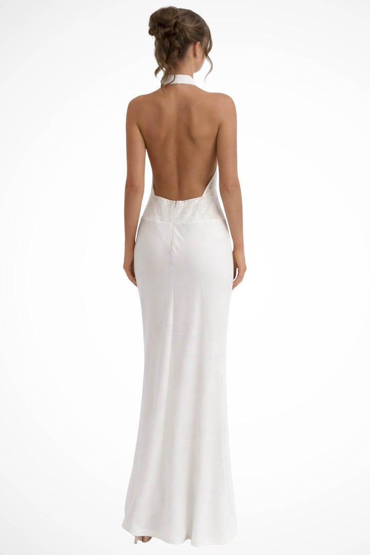Women's Halter Neck Draped Satin Wedding Guest Maxi Dress | Open Back Detail Front