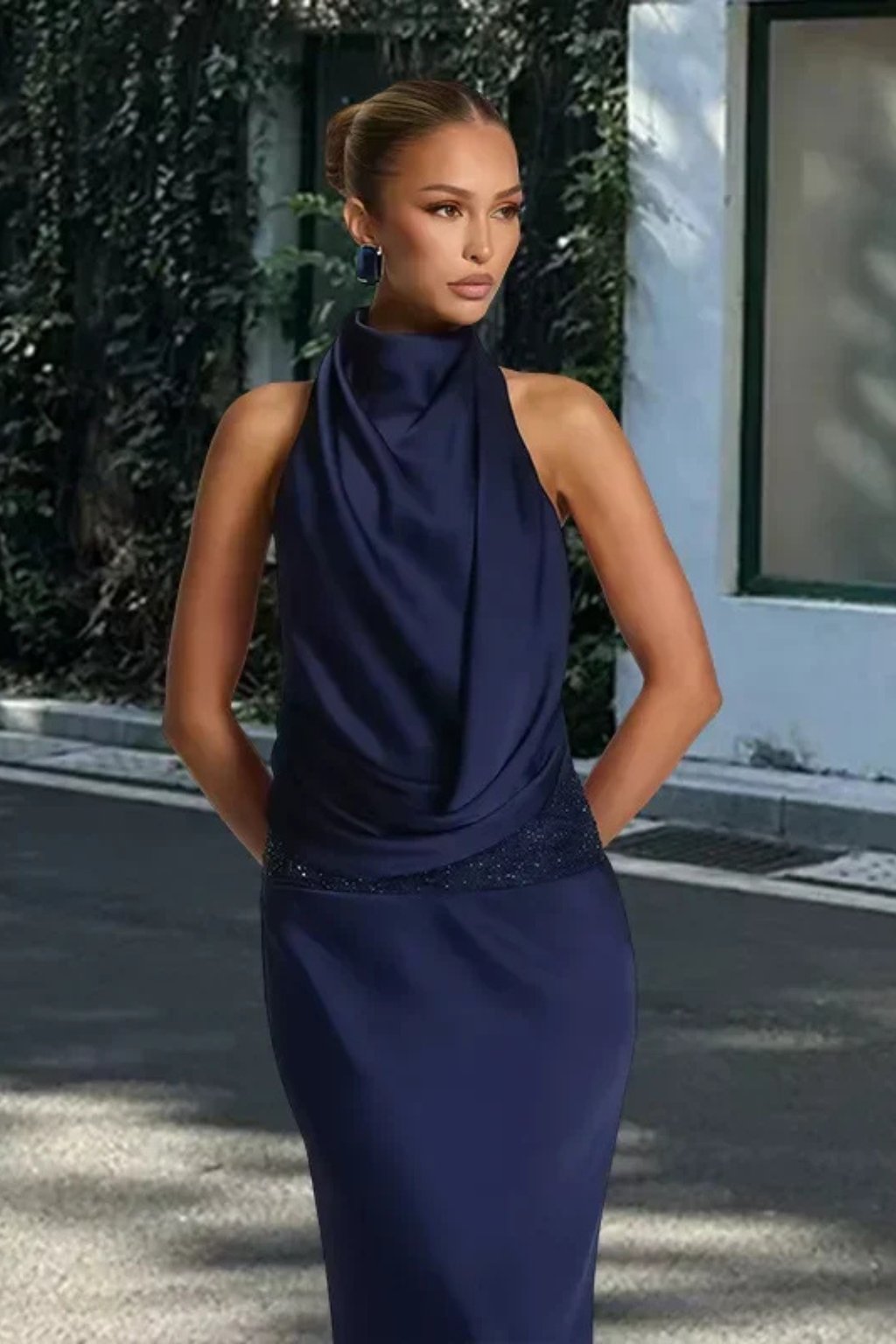 Women's Halter Neck Draped Satin Wedding Guest Maxi Dress | Open Back Detail Full