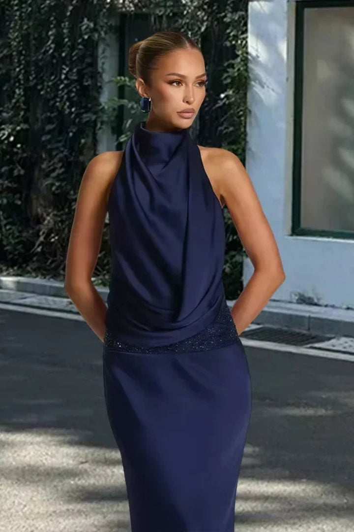 Women's Halter Neck Draped Satin Wedding Guest Maxi Dress | Open Back Detail Full
