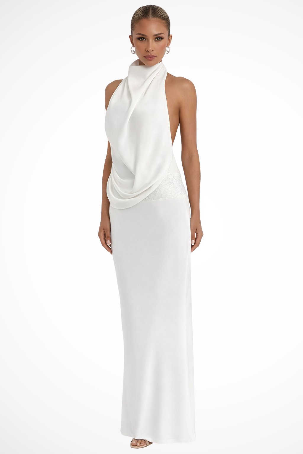 Women's Halter Neck Draped Satin Wedding Guest Maxi Dress | Open Back Detail Hero