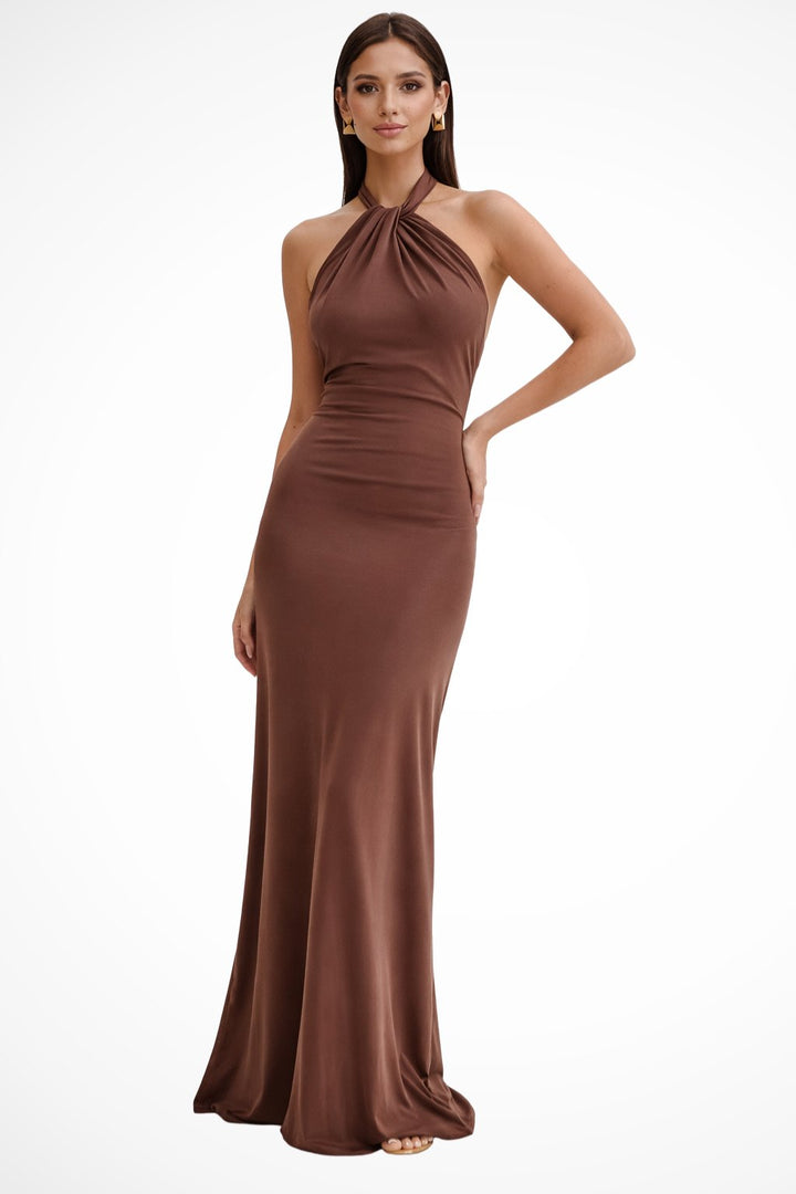 Women's Halter Neck Open Back Bodycon Wedding Guest Maxi Dress | Twisted Knot Detail Angle