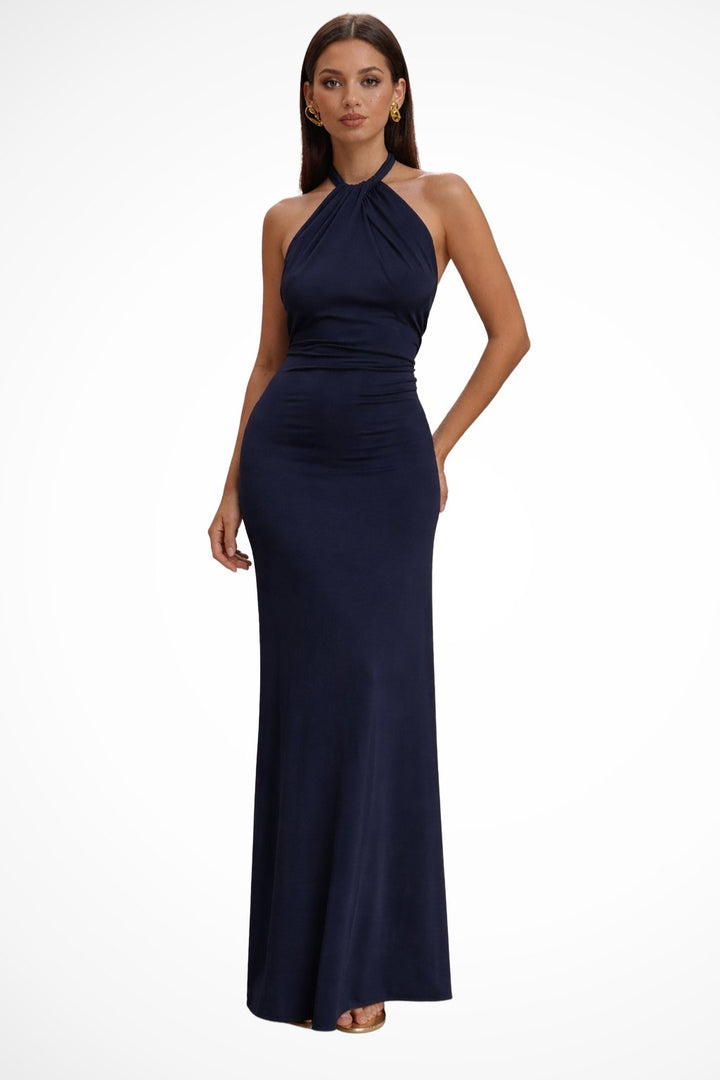 Women's Halter Neck Open Back Bodycon Wedding Guest Maxi Dress | Twisted Knot Detail Close Up